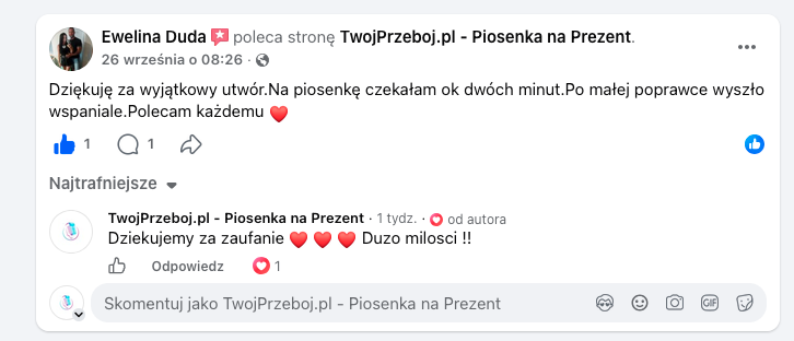 Opinia klienta z Facebooka